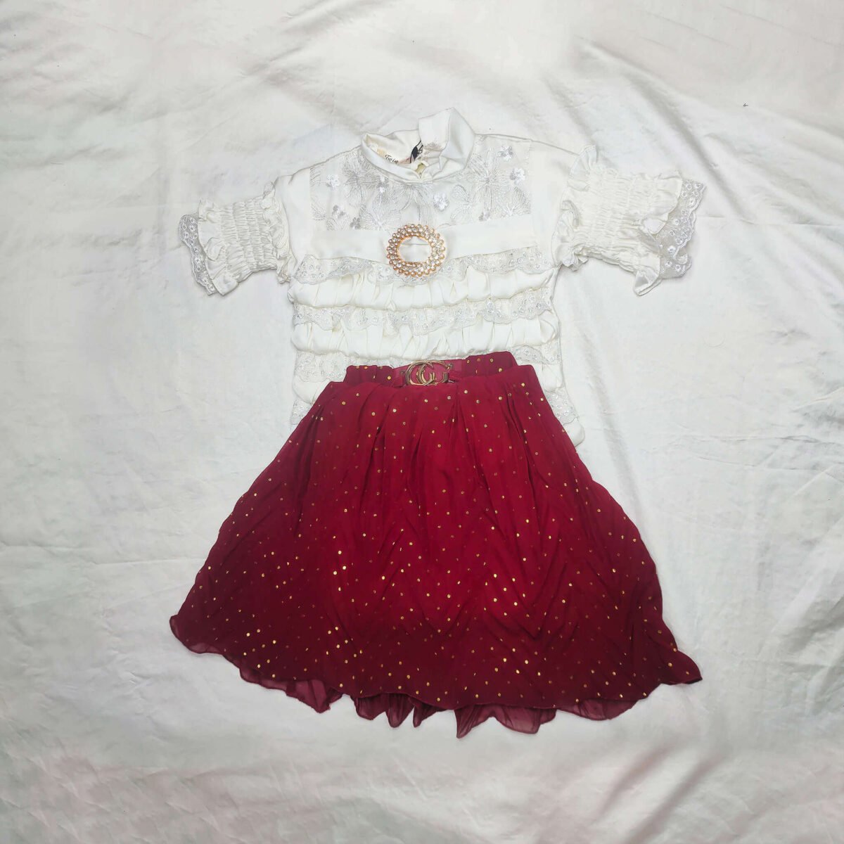 White-Ruffled-shirt-with-Maroon-Gucci-belt-Skirt