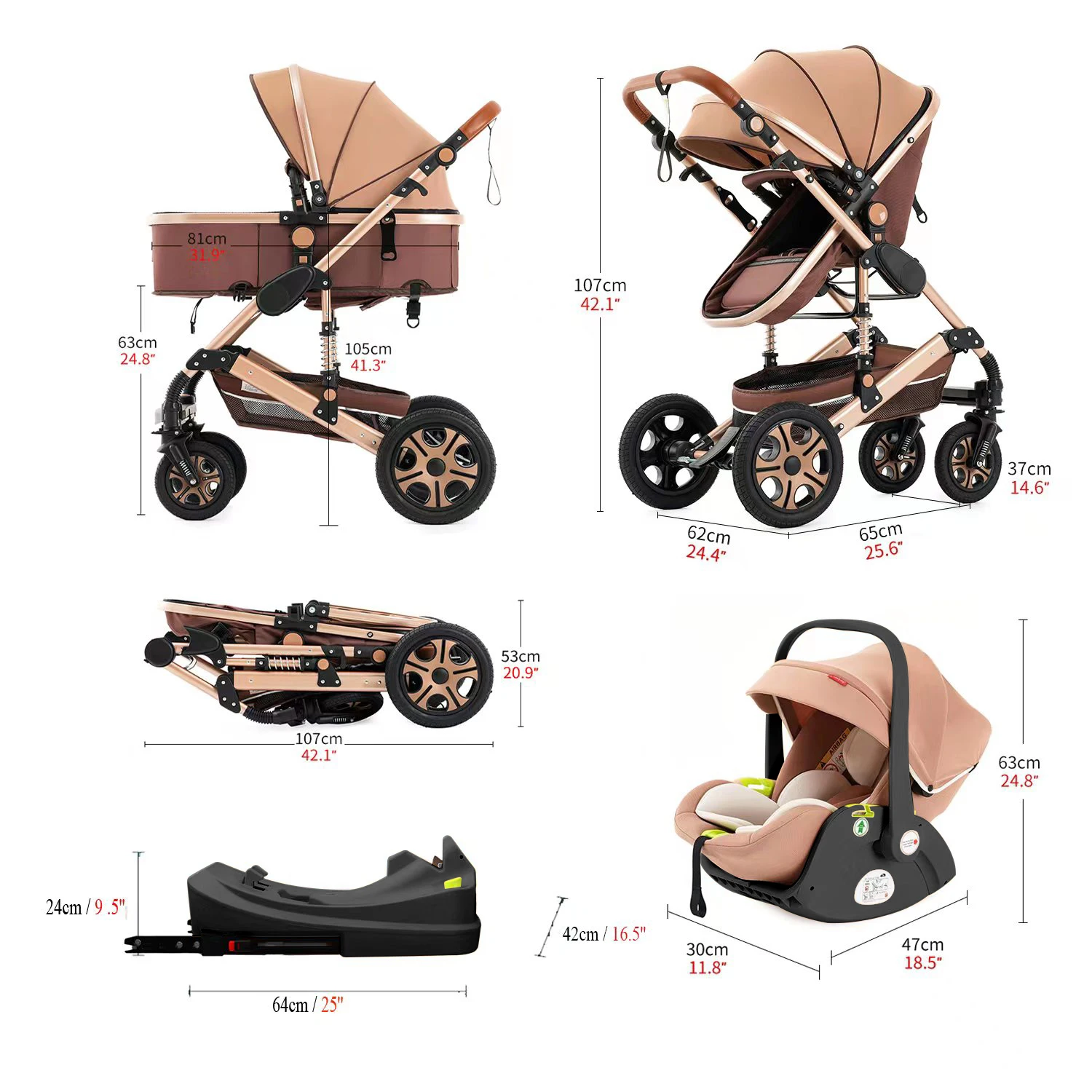 Baby Stroller Combo Car Seat - Infant Pushchair with Carry Cot Foldable Reversible Pram,Travel System with Isofix Base Upto 5lbs - Image 4