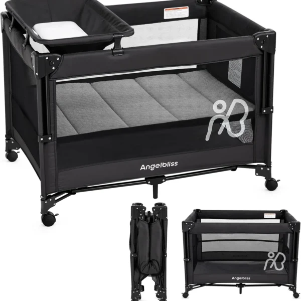 Portable Baby Bassinet Bedside Crib with Mattress, Diaper Changer, Easy Setup Playard for Infants to Toddlers (Black)