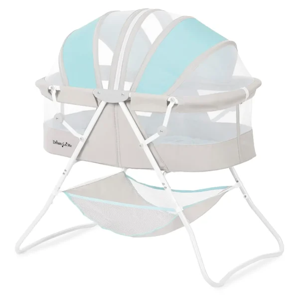 Lightweight Travel Baby Bassinet, Foldable Bedside Sleeper with Adjustable Canopy and Storage Basket - Blue Grey