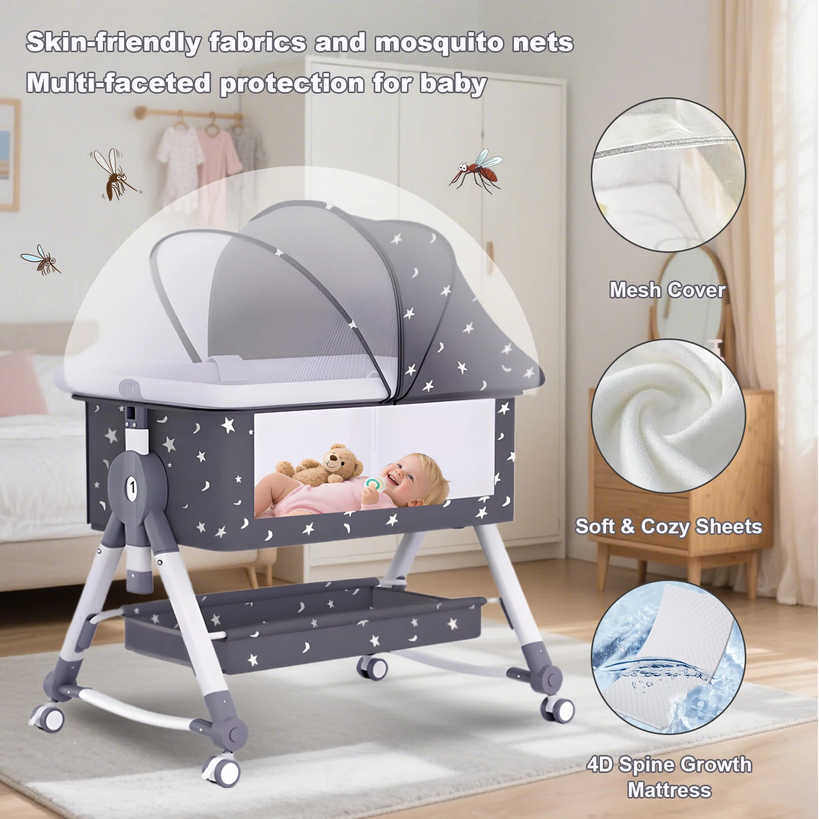 Bedside Bassinet for Baby Unisex Portable Travel Cribs with Wheels 3 in 1 Crib Foldable Height Adjustment Movable Bedside Swing - Image 4