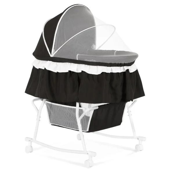 Portable Baby Bassinet 2-in-1, Storage Basket Locking Wheels Black Frame