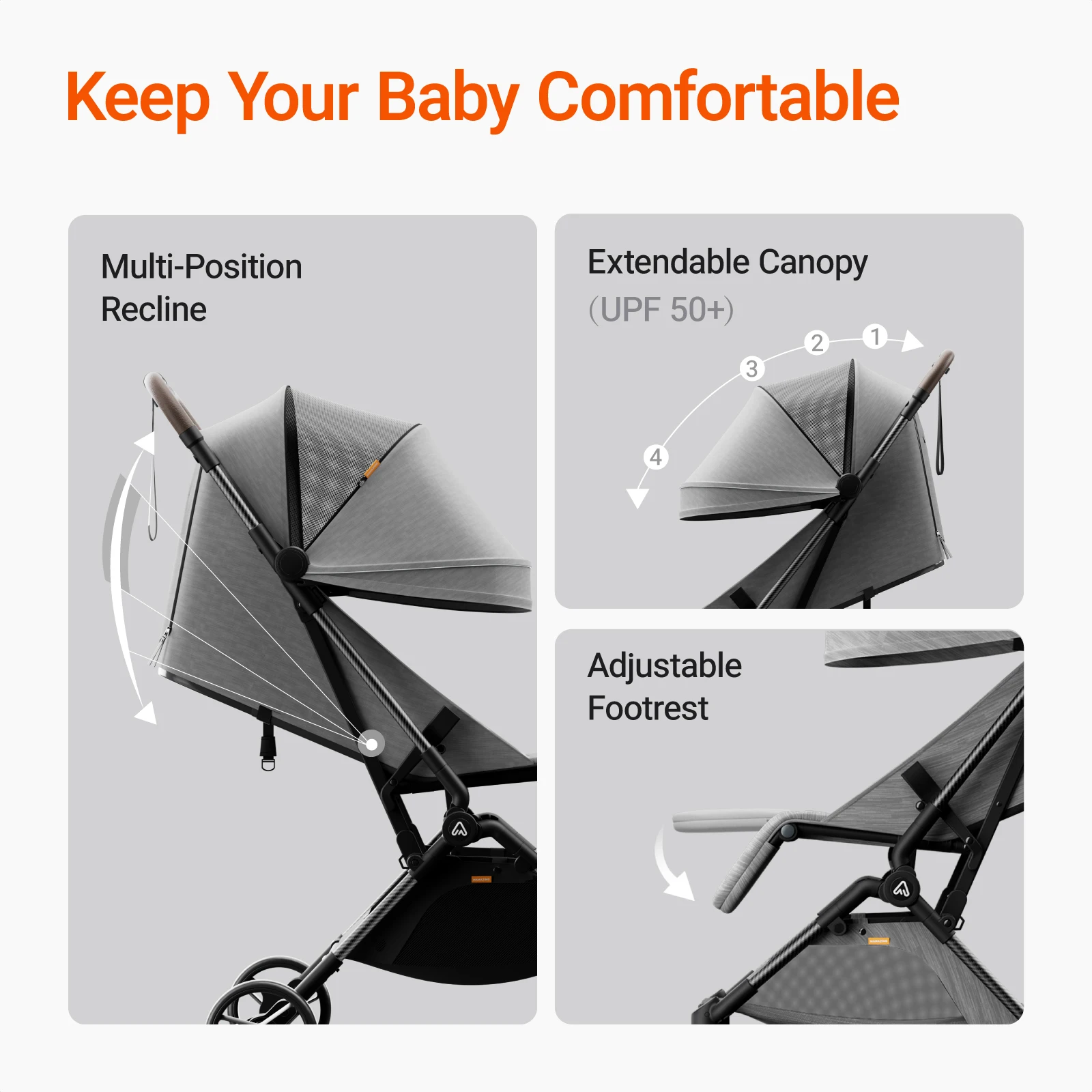 MAMAZING Ultra Air Airplane Stroller Lightweight 11.6lbs Carbon Fiber Frame Easy Fold w/Organizer for Toddlers (GREY) - Image 5