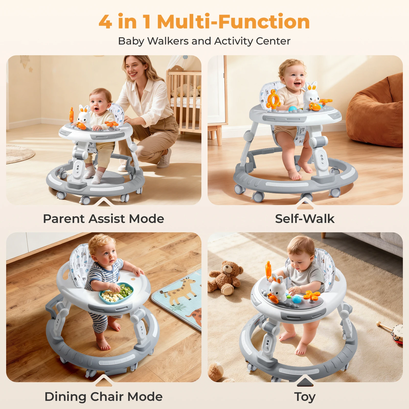 Safety-Enhanced 4-In-1 Grow-With-Me Baby Walker & Play Center - Adjustable 8 Heights, Anti-Tip Base, 8 Silent Brake Wheels - Image 4