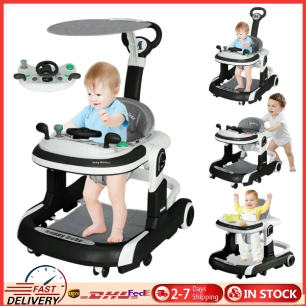 4 in 1 Baby Walker Toddler Baby Push Walker with Sunshade, Removable Feeding Tray and Music Tray Foldable Walker