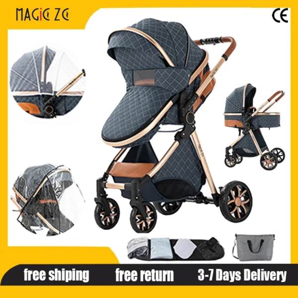 Lightweight Baby Stroller 2-in-1 Newborn Travel System Pram Foldable Convertible Sit and Lie with Storage Basket Canopy Carriage