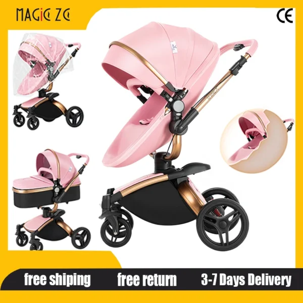 PU Leather Baby Stroller 2 in 1 Travel System High Landscape Portable Baby Pram Newborns Aluminum Frame Baby Carriage