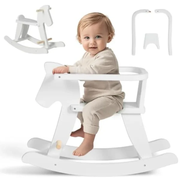 Wooden Rocking Horse Baby Ride On Toy for 12M+ White Rocker with Removable Fence Toddler Indoor Outdoor Nursery Birthday Gift