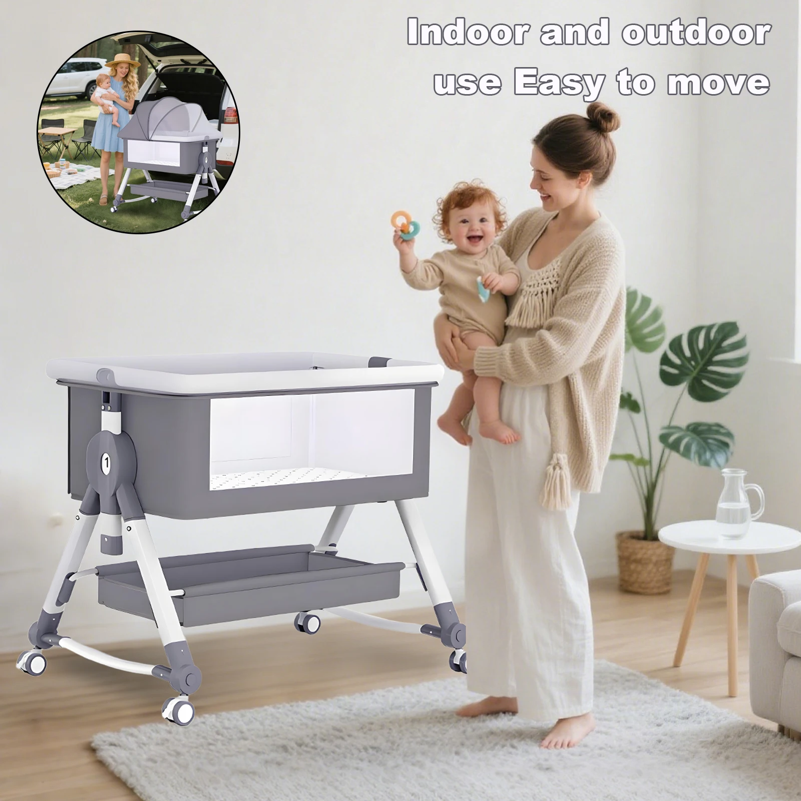 Bedside Bassinet for Baby Unisex Portable Travel Cribs with Wheels 3 in 1 Crib Foldable Height Adjustment Movable Bedside Swing - Image 5