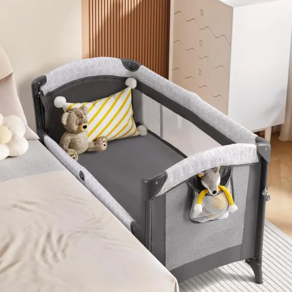 3-in-1 Mesh Baby Bassinet with Adjustable Side, Mattress, Sheet, Storage, Wheels, Trap, and Travel Playpen Bed with Bag