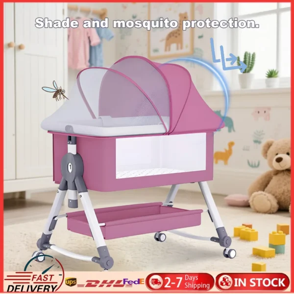 Baby Bassinet Bedside Sleeper Rocking Cradle Easy Folding Co-Sleeping Crib with Height Adjustable Wheels for Infant Newborn