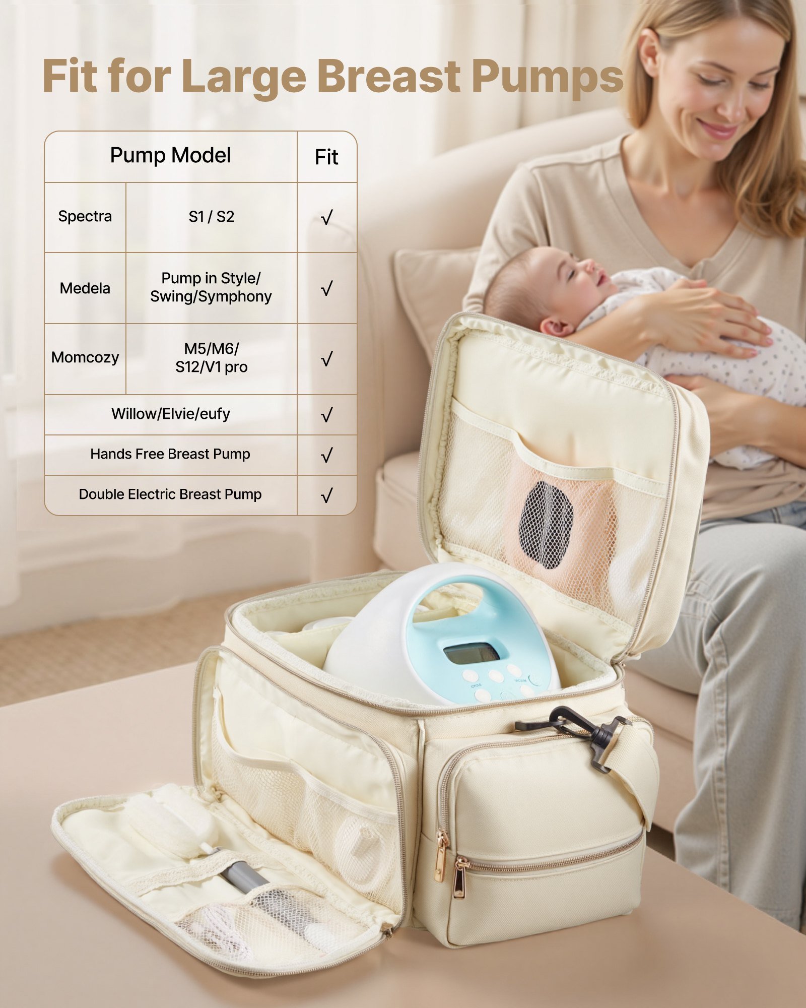 Breast Pump Bag, Breast Feeding Bag With Waterproof Mat, Fits For S1/S2, Pumping Accessories & Breastmilk Storage, Portable Pump Carrying Case For Work, Travel And Family Use, Beige - Image 3